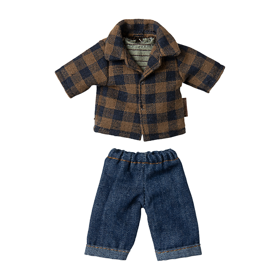 Maileg Brown Check Shirt & Pants - Dad Mouse