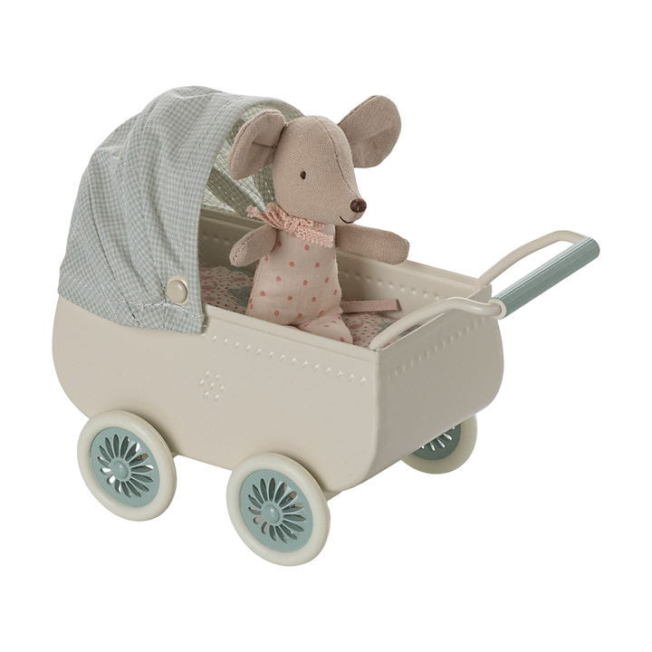 Maileg Pram With Baby Mouse - Blue