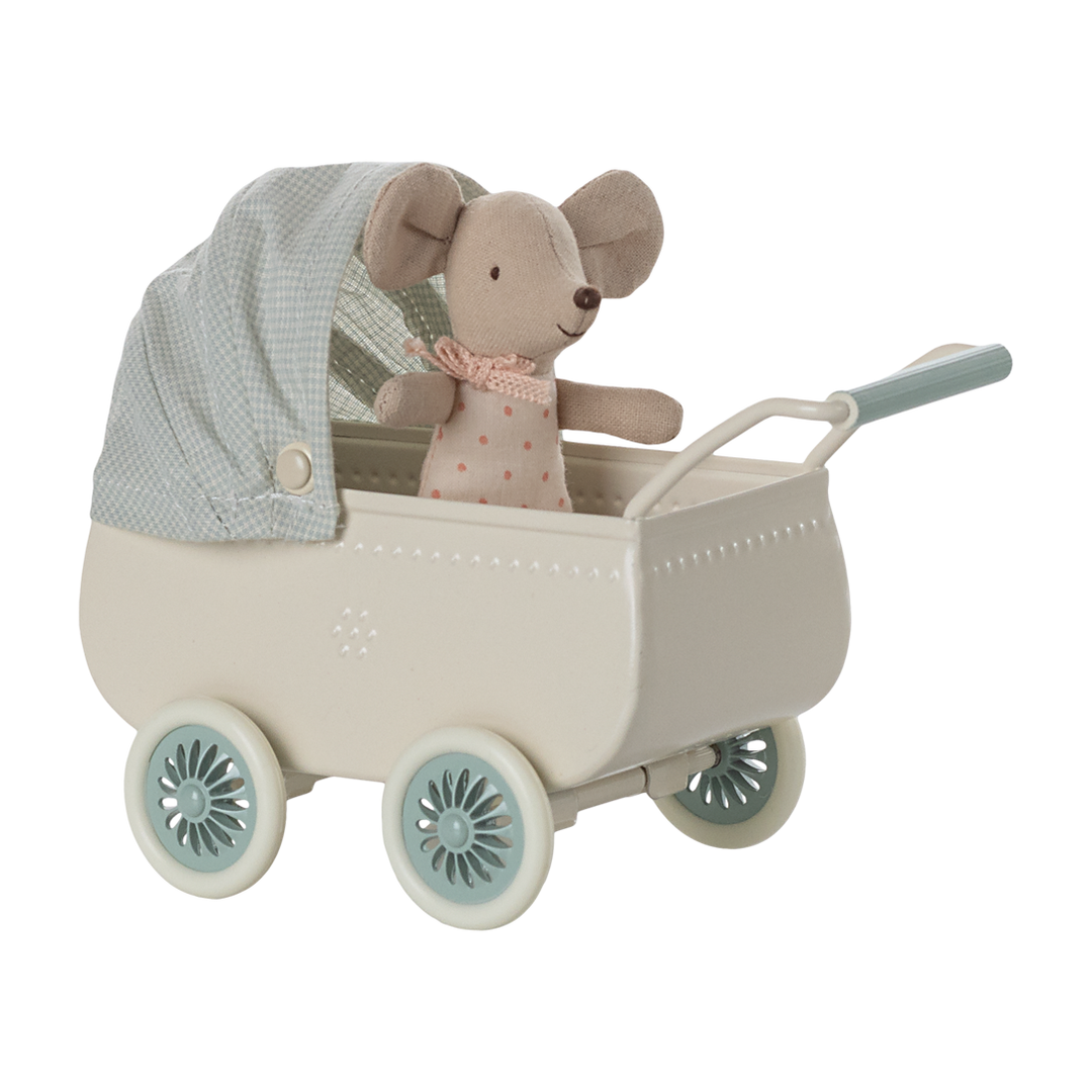 Maileg Pram With Baby Mouse - Blue