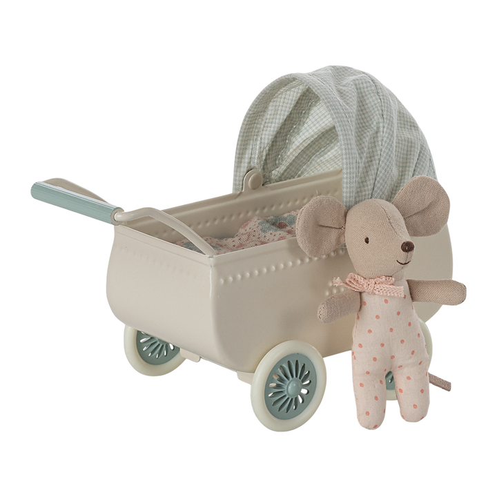 Maileg Pram With Baby Mouse - Blue