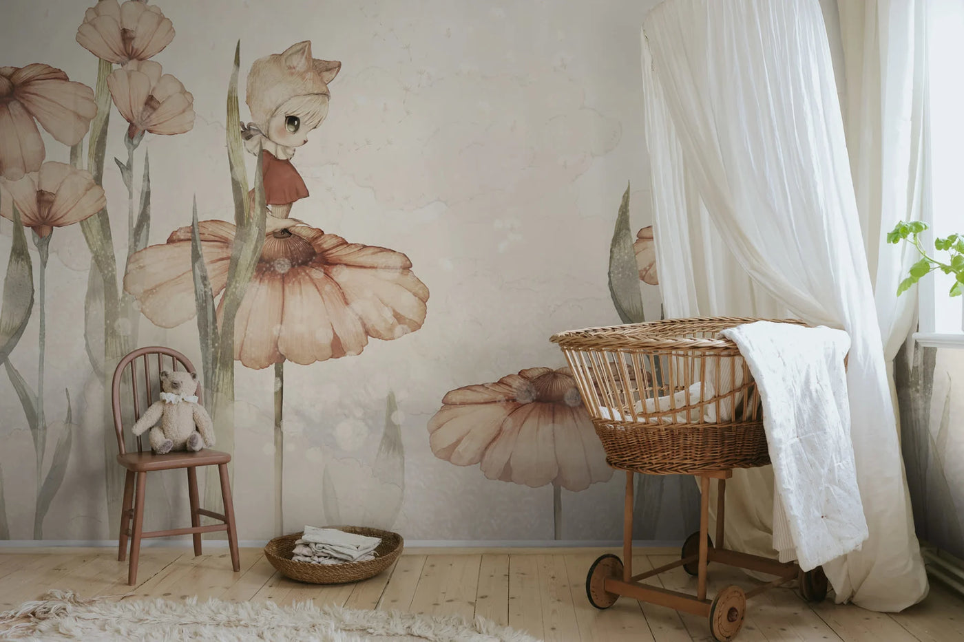 Kids Custom Wall Mural - Bloomy Fields Of Marion Off White