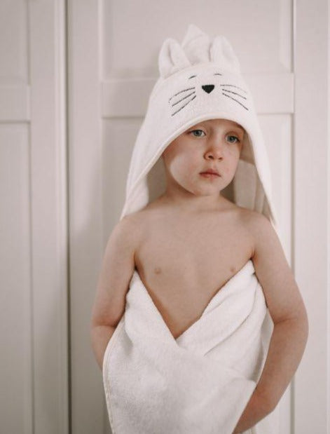 Large Cat Bamboo Kids Bath Towel - Cream