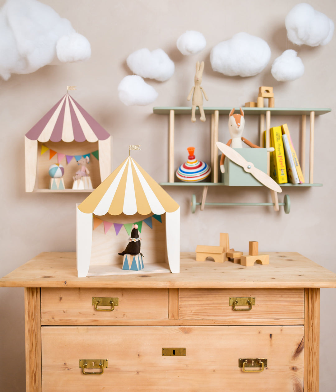 Up Warsaw Circus Wooden Shelf - Mustard/White